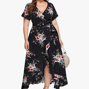 Navy floral high low dress Vneck wrap